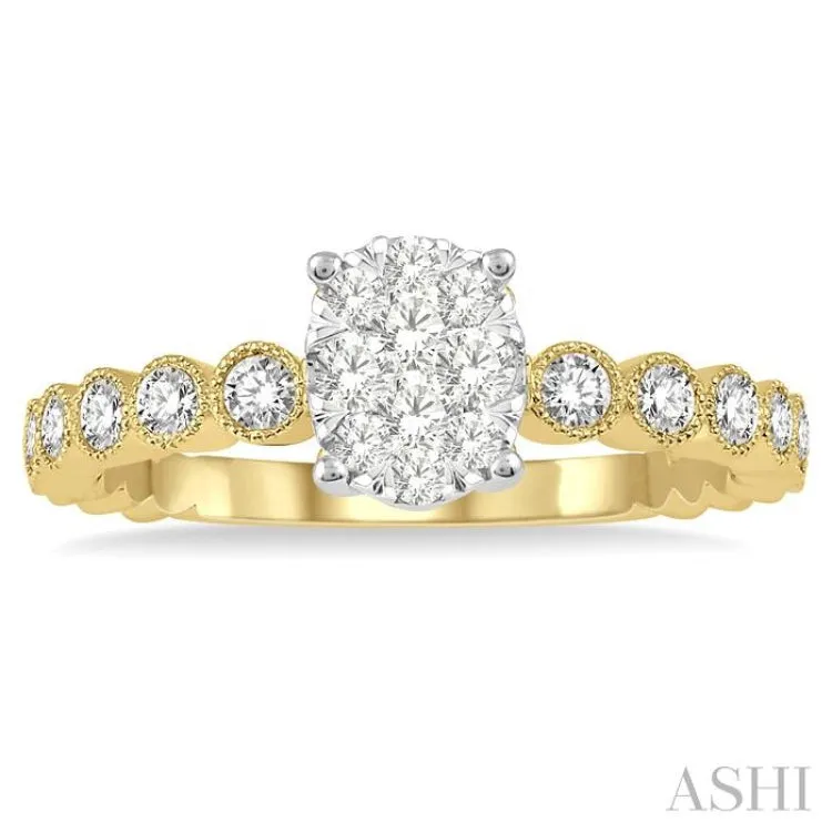 1/3 ct Oval Shape Lattice Shank Lovebright Diamond Cluster Ring in 14K Yellow and White Gold