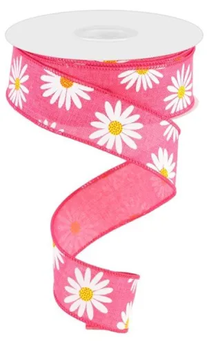 1.5" Daisy Print on Royal Burlap Ribbon: Hot Pink  - 10yds