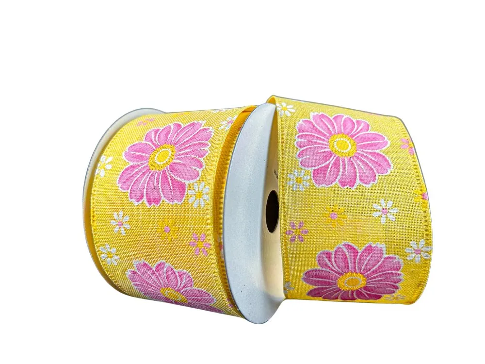 2.5" Giant Daisy Print Ribbon: Yellow/Pink - 10yds