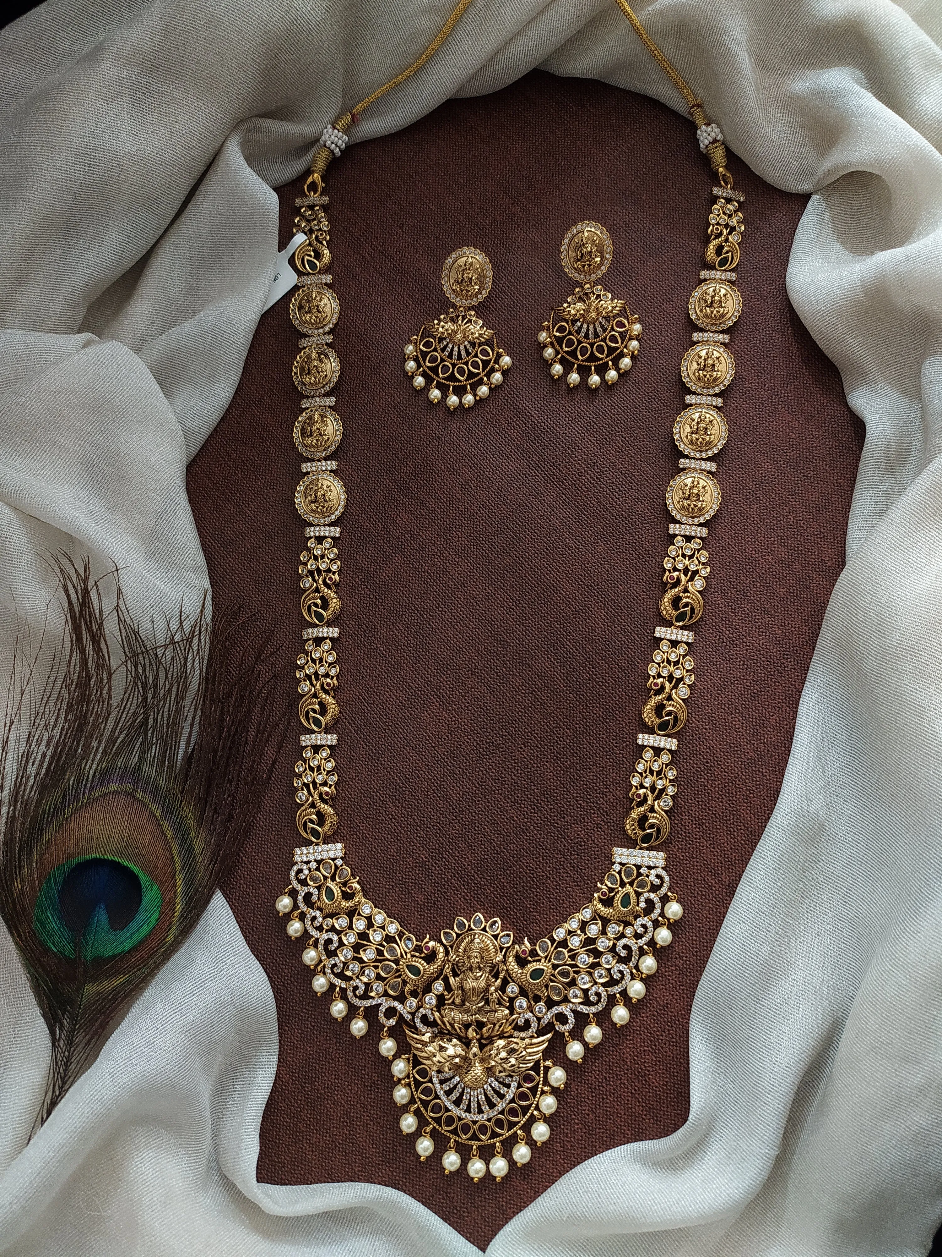 Antique Lakshmi Long Haram Set ~ Crafted with Zircon and Kundan Stones