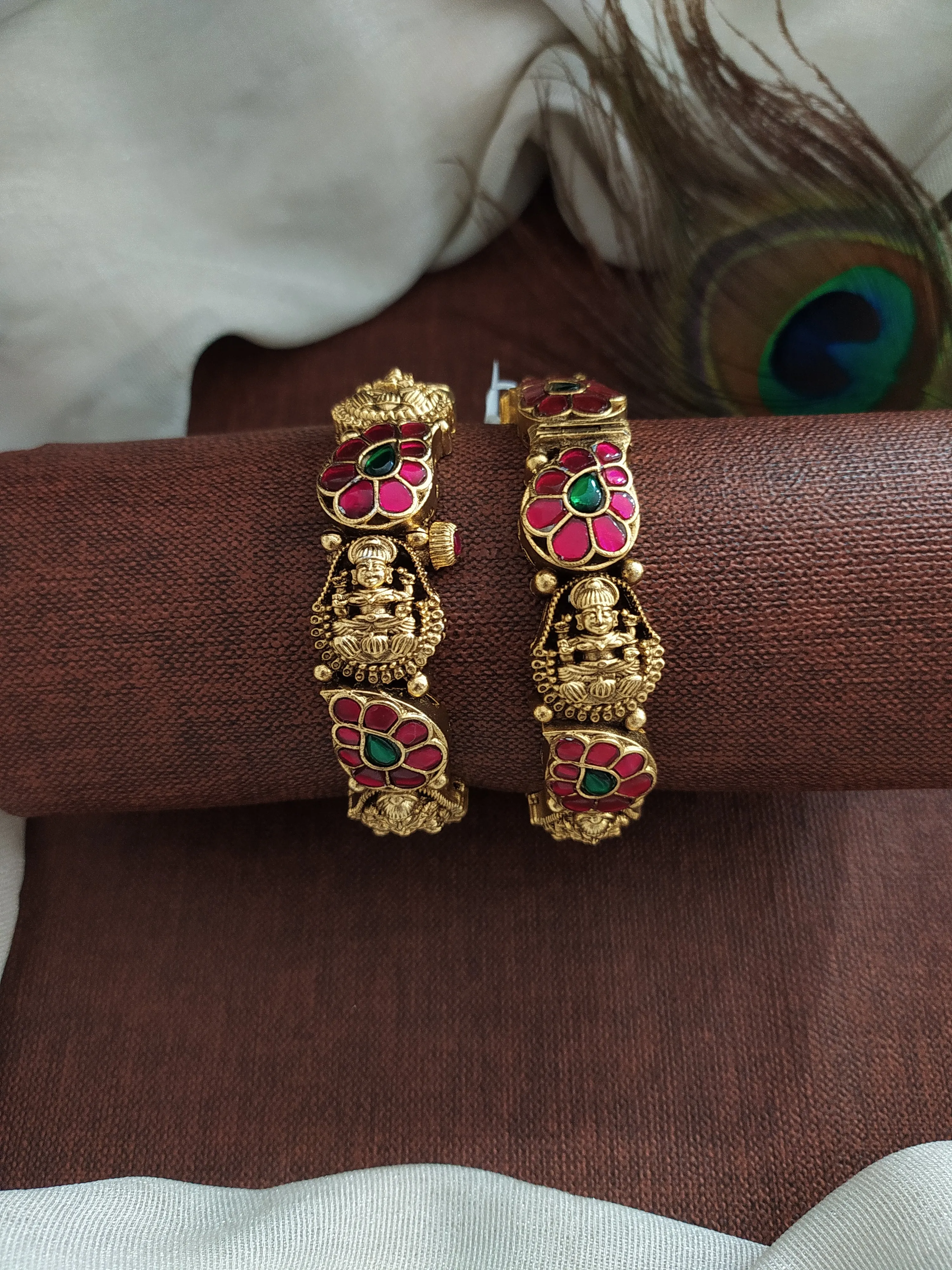 Antique Nakshi Work Kada Bangles with Mango and Lakshmi Design ~ Jadau Kundan Stones