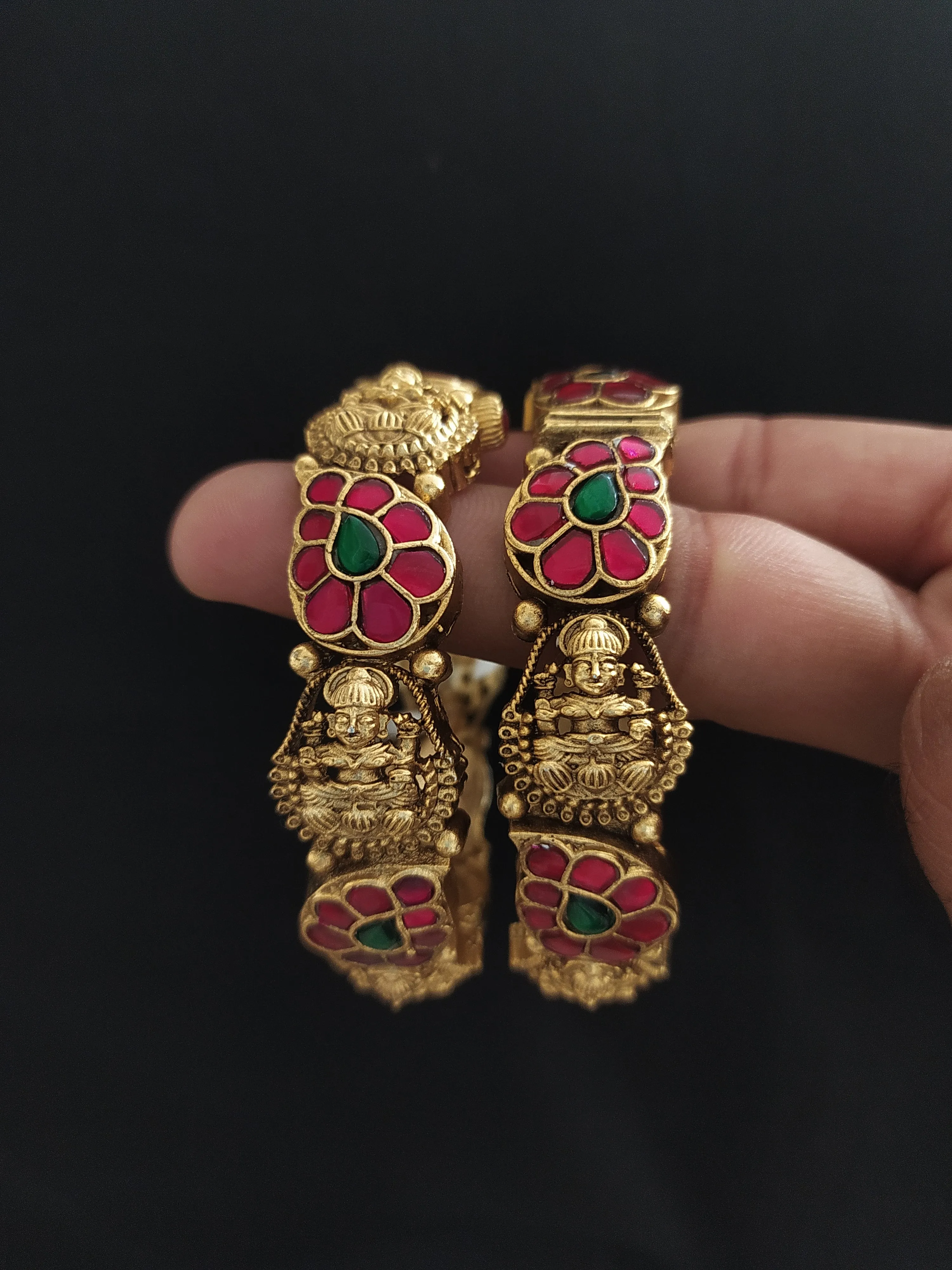 Antique Nakshi Work Kada Bangles with Mango and Lakshmi Design ~ Jadau Kundan Stones