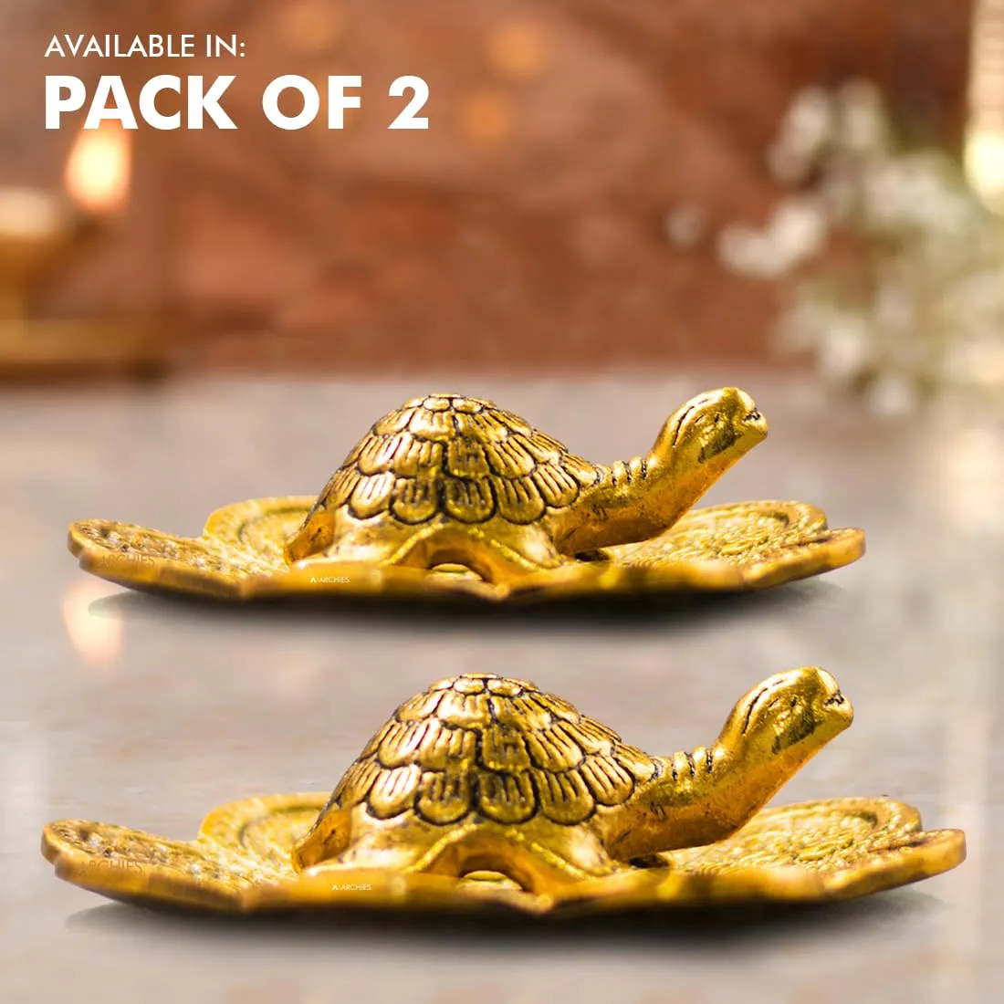 ARCHIES Diwali Gifts Fengshui Metal Turtle Tortoise Kachua on Metal Plate Vastu Statue Figurine Idol (Pack of 2)-HAT28A13