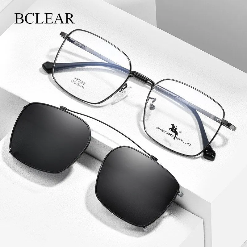 Bclear Men's Full Rim Square Alloy Frame Eyeglasses With Clip On Polarized Sunglasses Zt95002