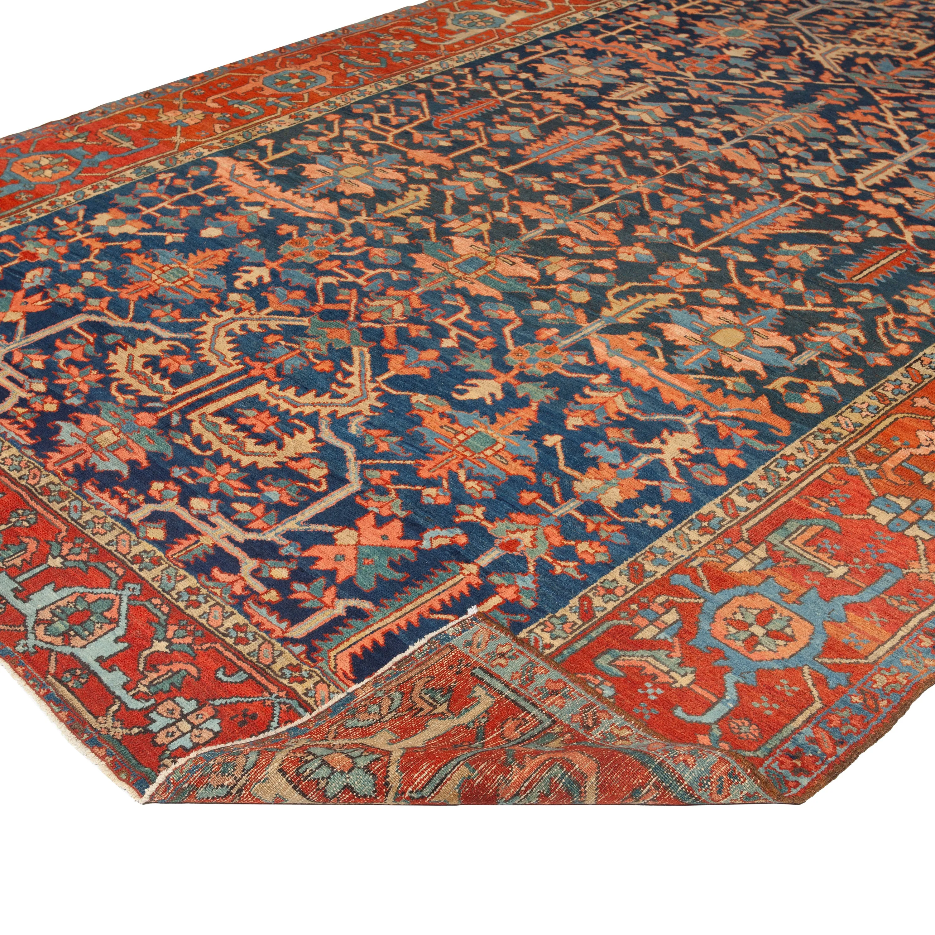 Blue & Orange Antique Persian Serapi Rug - 8'9" x 12'