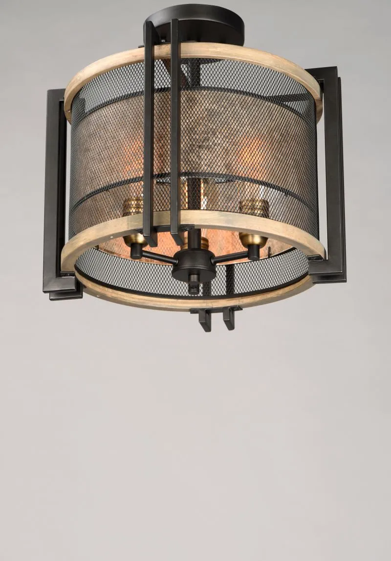 Boundry 16.5" 3 Light Flush Mount in Black and Barn Wood and Antique Brass