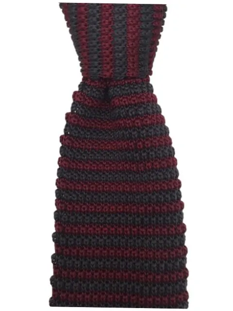 Burgundy Pointed Tip Men's Knitted Tie with Charcoal Gray Stripes