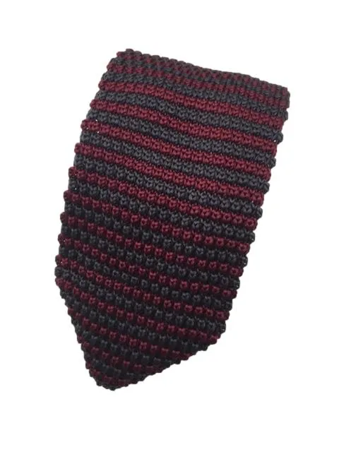 Burgundy Pointed Tip Men's Knitted Tie with Charcoal Gray Stripes