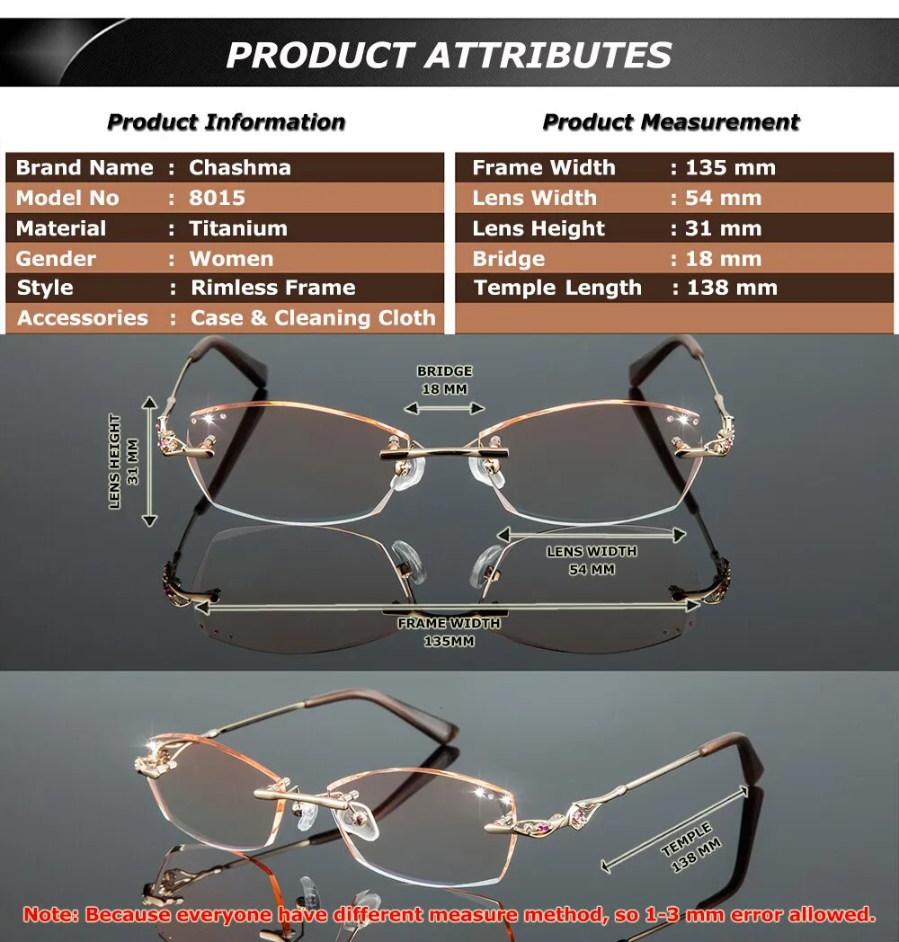 Chashma Ottica Women's Rimless Irregular Rectangle Titanium Eyeglasses Tinted Lenses 8015