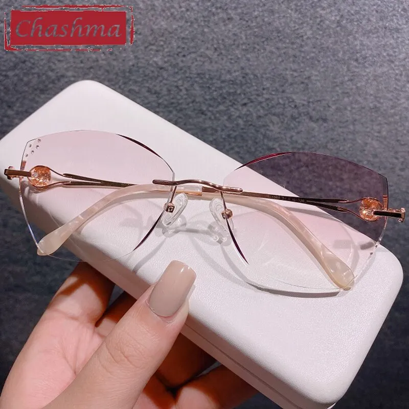 Chashma Ottica Women's Rimless Square Cat Eye Titanium Eyeglasses Tinted Lenses 98101