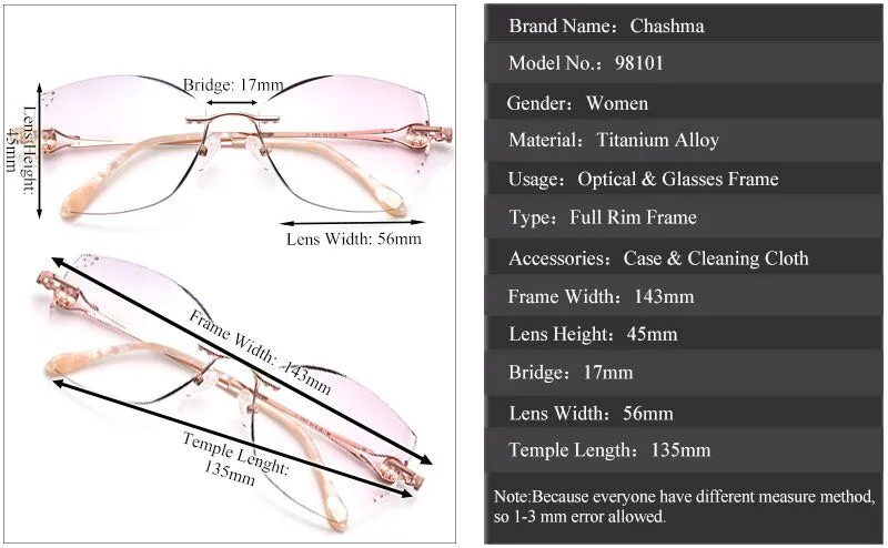 Chashma Ottica Women's Rimless Square Cat Eye Titanium Eyeglasses Tinted Lenses 98101