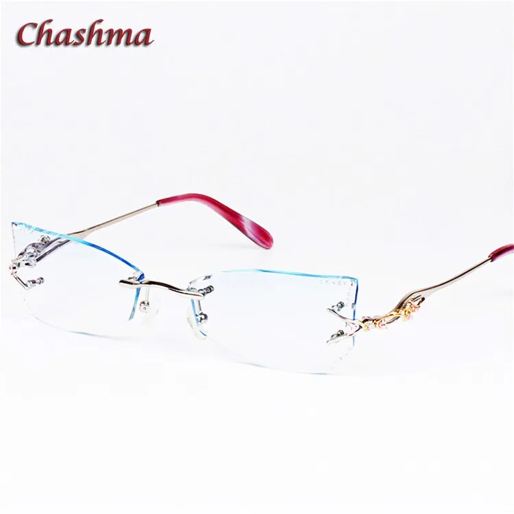 Chashma Women's Rimless Eyeglasses Tint Lenses Titanium Diamond Cut Cat Eye 8036Ce