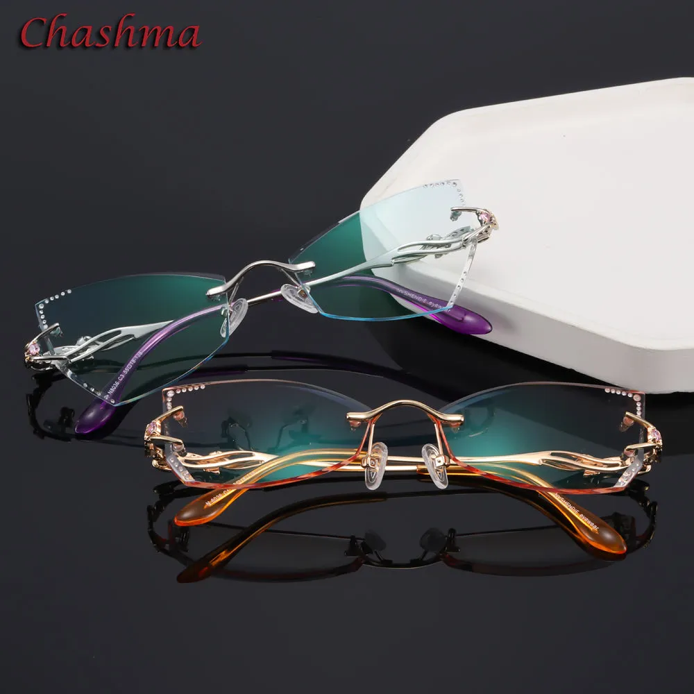 Chashma Women's Rimless Eyeglasses Tint Lenses Titanium Diamond Cut Cat Eye 8036Ce