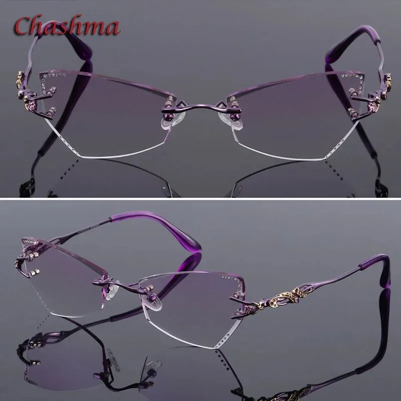 Chashma Women's Rimless Eyeglasses Tint Lenses Titanium Diamond Cut Cat Eye 8036Ce