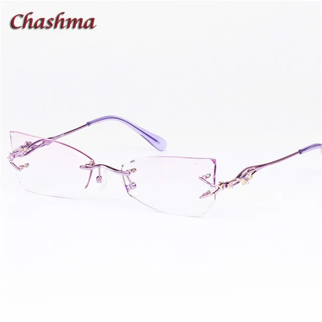 Chashma Women's Rimless Eyeglasses Tint Lenses Titanium Diamond Cut Cat Eye 8036Ce