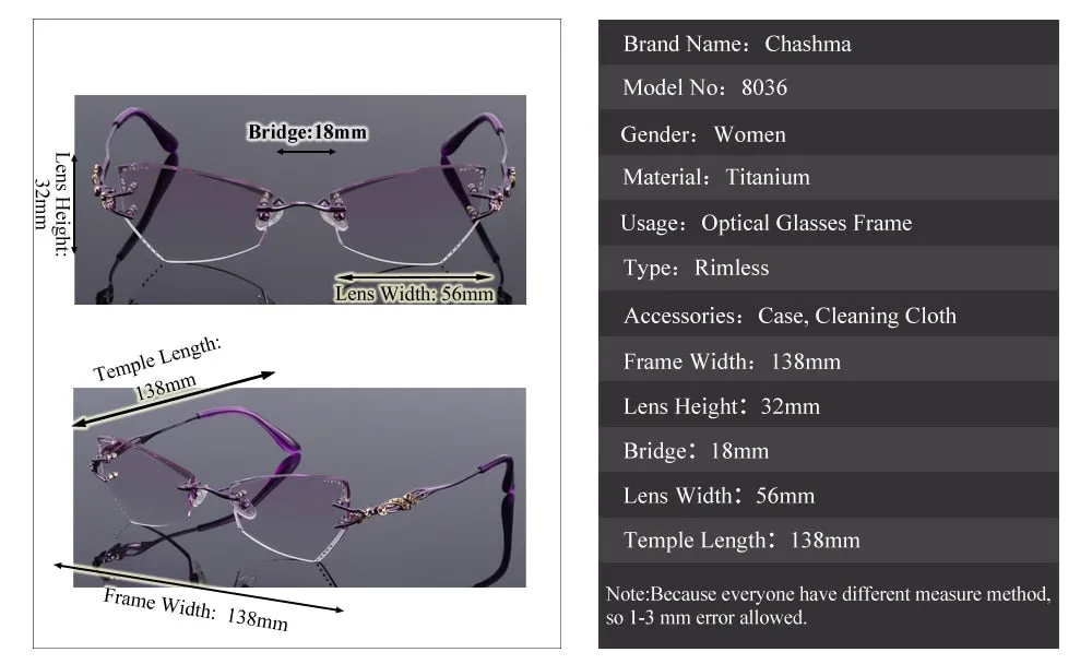 Chashma Women's Rimless Eyeglasses Tint Lenses Titanium Diamond Cut Cat Eye 8036Ce