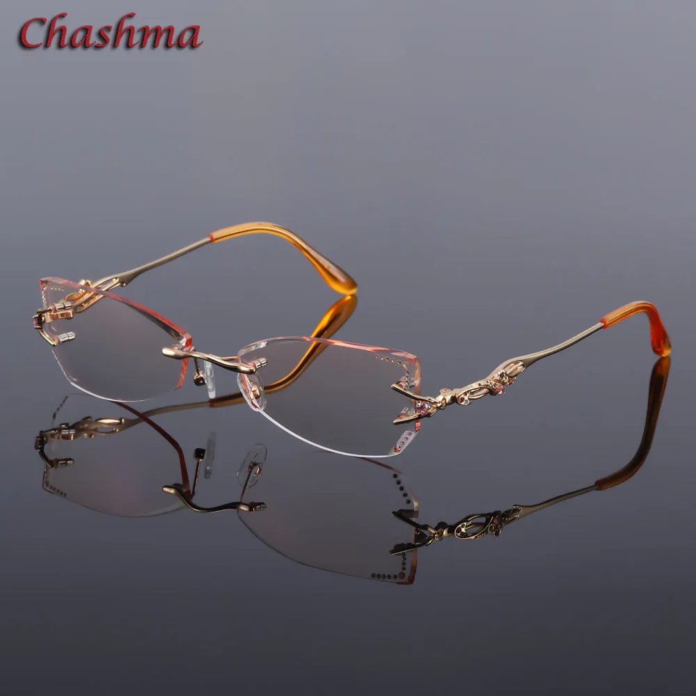 Chashma Women's Rimless Eyeglasses Tint Lenses Titanium Diamond Cut Cat Eye 8036Ce