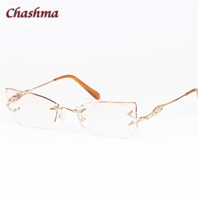 Chashma Women's Rimless Eyeglasses Tint Lenses Titanium Diamond Cut Cat Eye 8036Ce