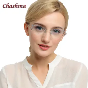 Chashma Women's Rimless Eyeglasses Tint Lenses Titanium Diamond Cut Cat Eye 8036Ce