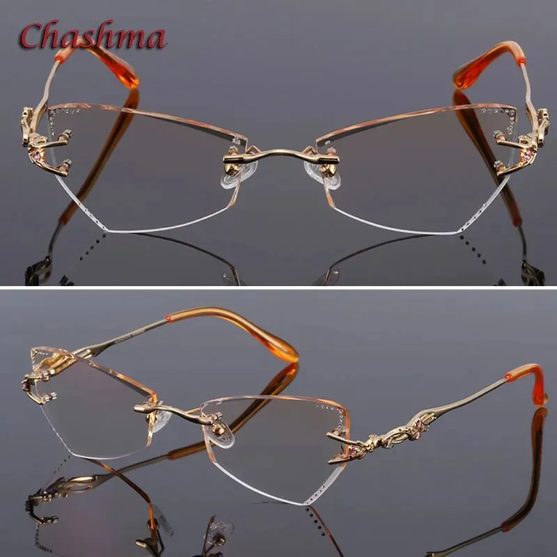 Chashma Women's Rimless Eyeglasses Tint Lenses Titanium Diamond Cut Cat Eye 8036Ce