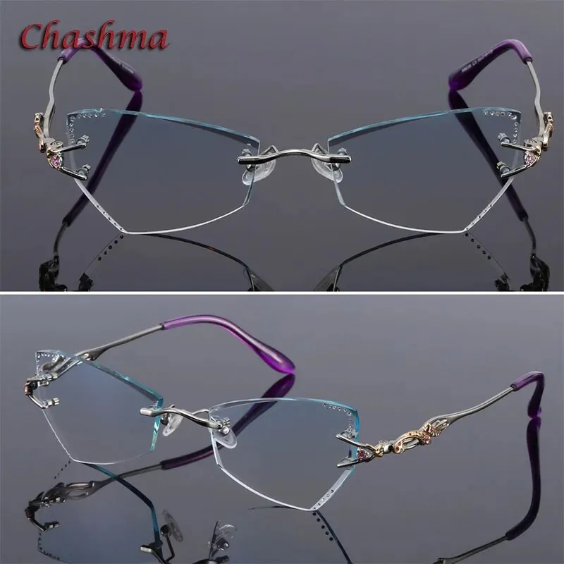 Chashma Women's Rimless Eyeglasses Tint Lenses Titanium Diamond Cut Cat Eye 8036Ce