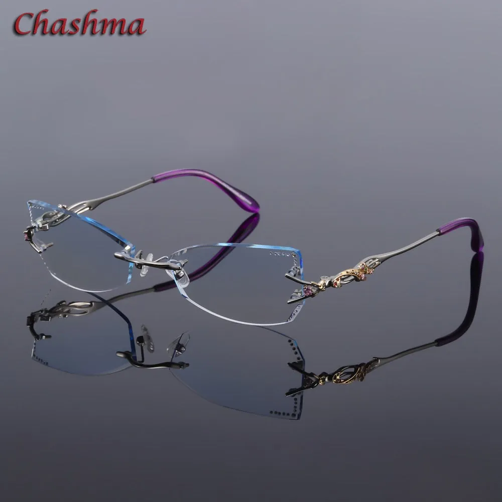 Chashma Women's Rimless Eyeglasses Tint Lenses Titanium Diamond Cut Cat Eye 8036Ce