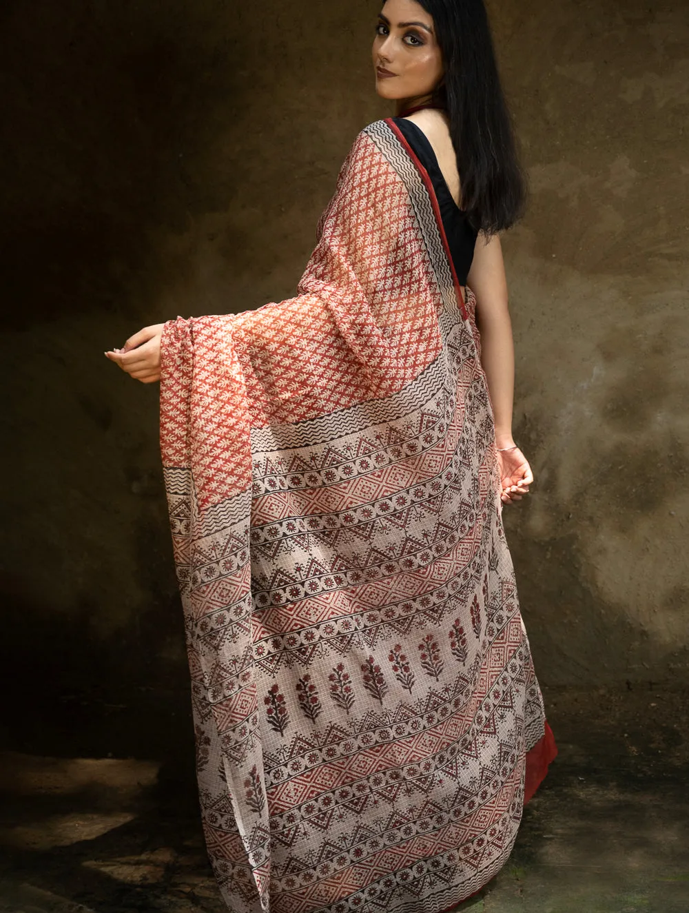 Classic Appeal. Bagru Hand Block Printed Kota Doria Saree - Red Ornate