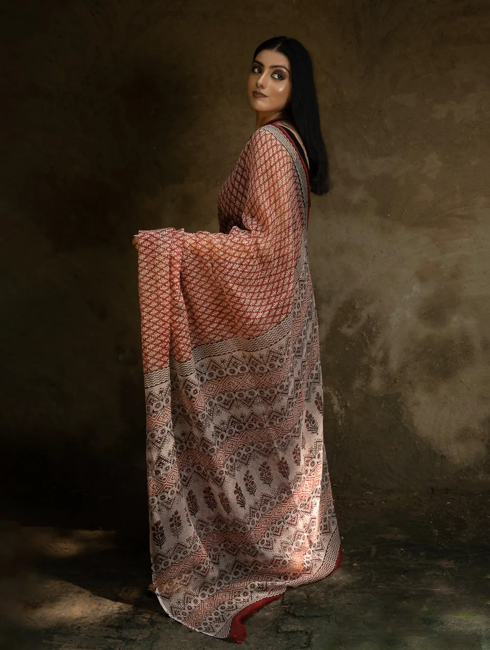 Classic Appeal. Bagru Hand Block Printed Kota Doria Saree - Red Ornate