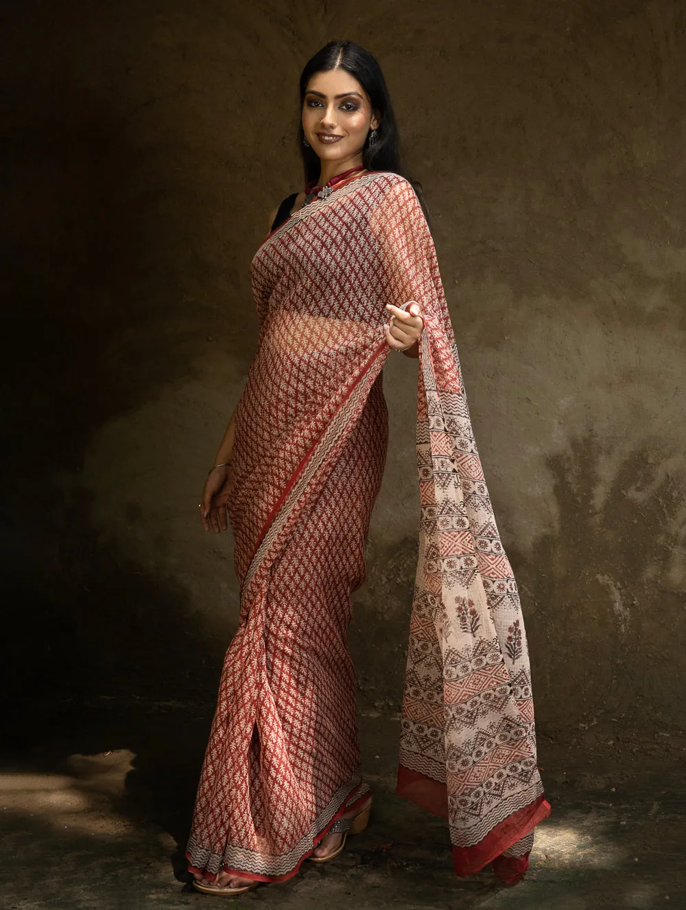 Classic Appeal. Bagru Hand Block Printed Kota Doria Saree - Red Ornate