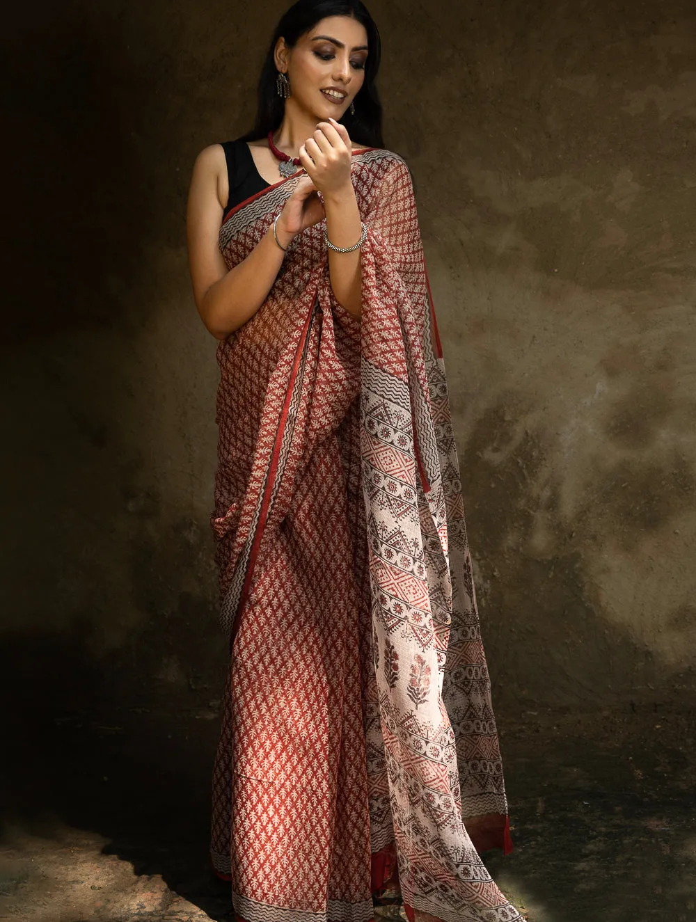 Classic Appeal. Bagru Hand Block Printed Kota Doria Saree - Red Ornate