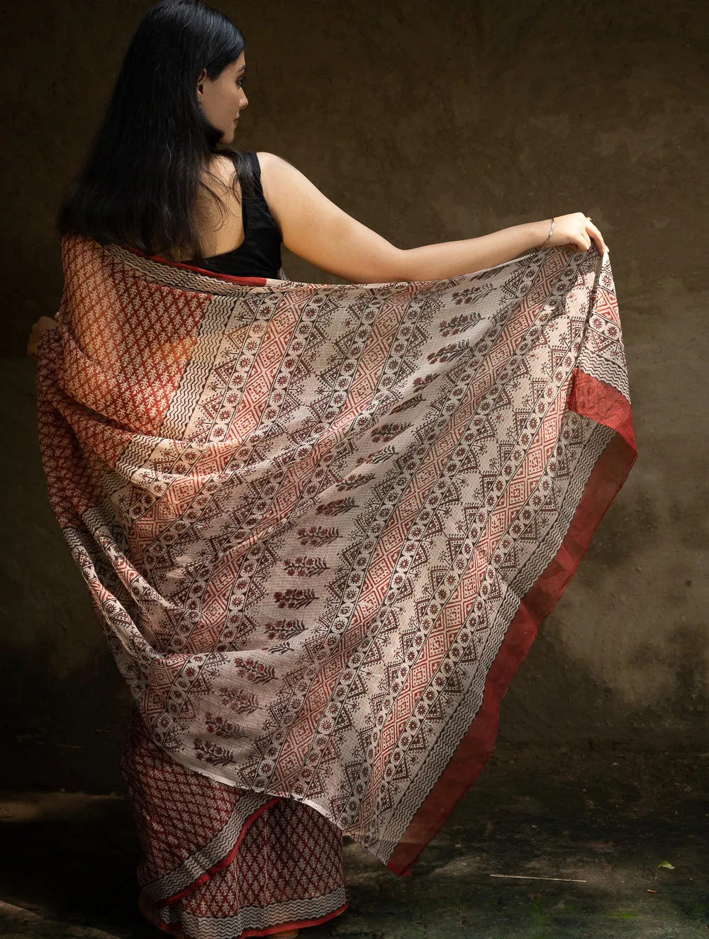 Classic Appeal. Bagru Hand Block Printed Kota Doria Saree - Red Ornate