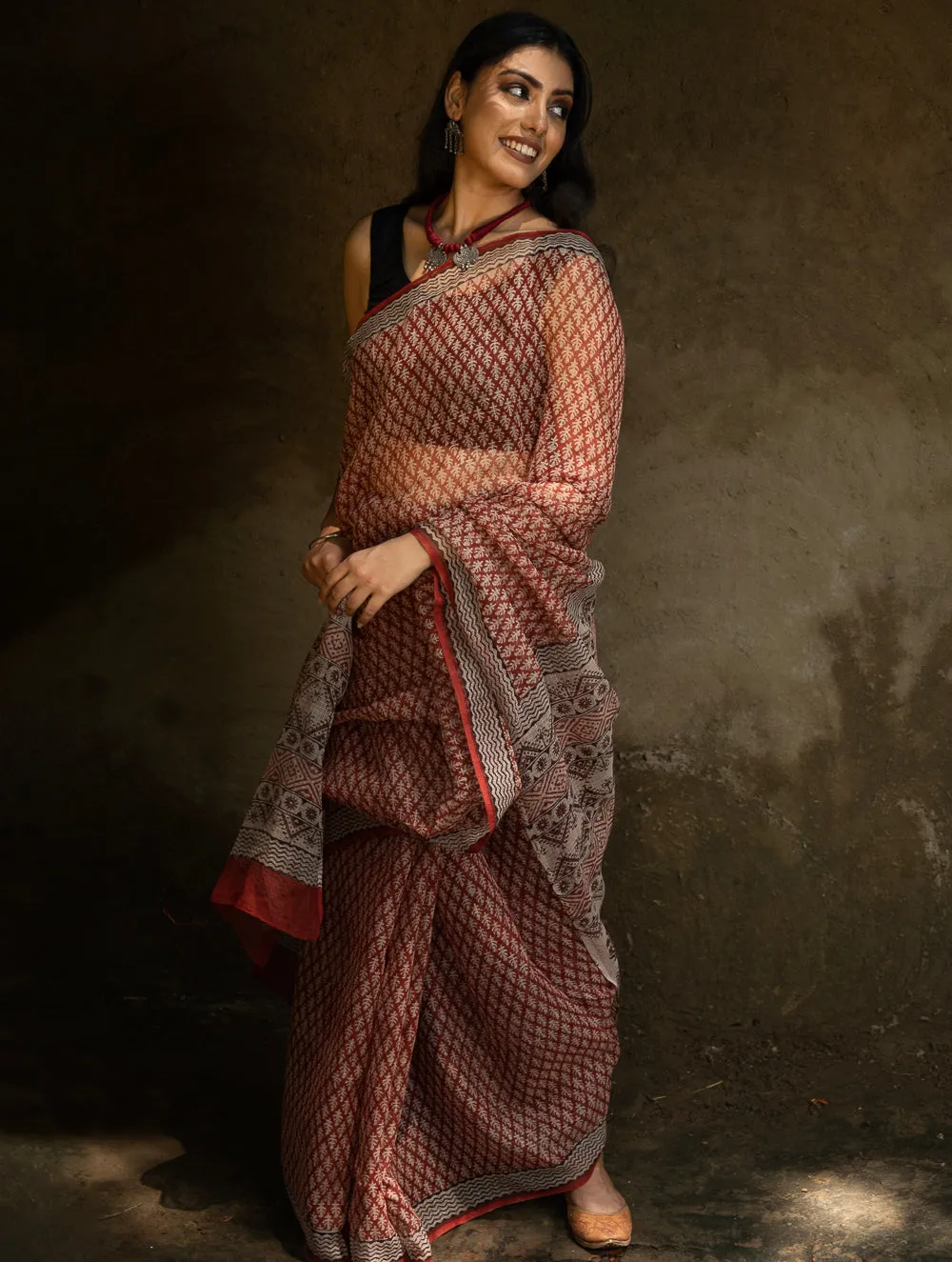 Classic Appeal. Bagru Hand Block Printed Kota Doria Saree - Red Ornate