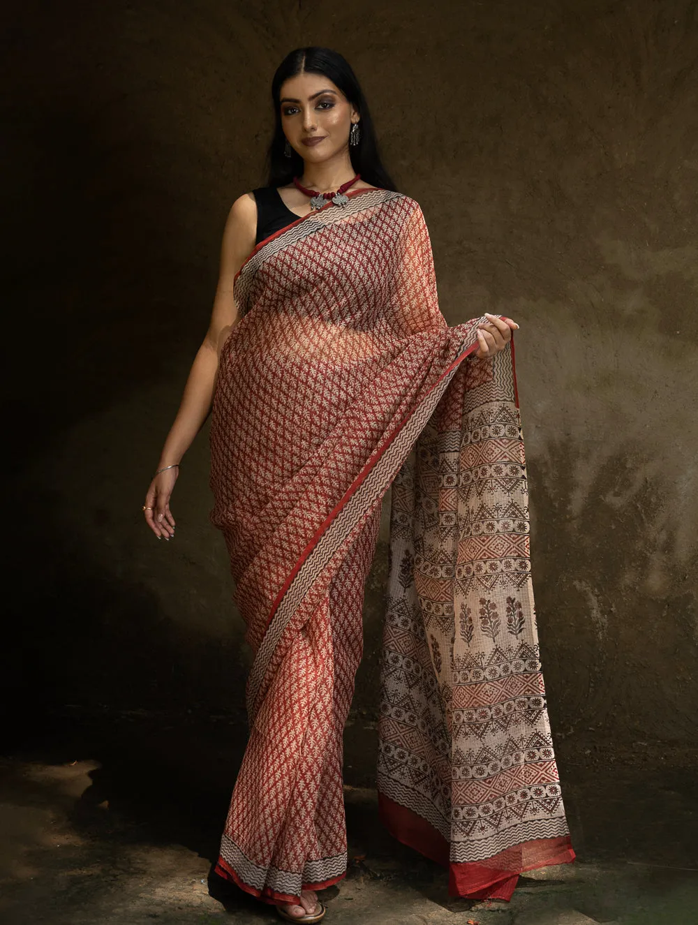 Classic Appeal. Bagru Hand Block Printed Kota Doria Saree - Red Ornate