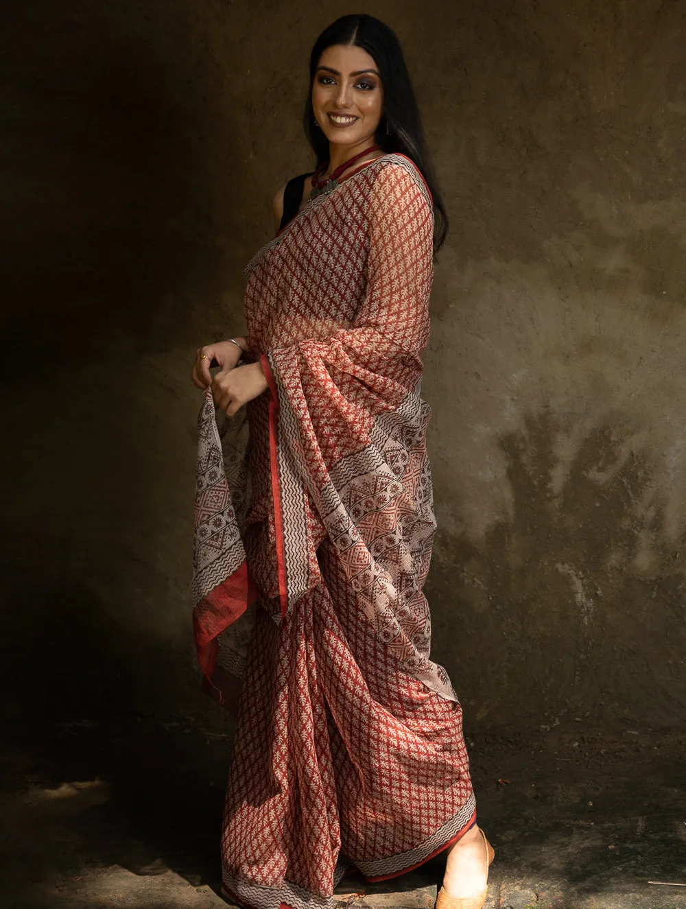 Classic Appeal. Bagru Hand Block Printed Kota Doria Saree - Red Ornate