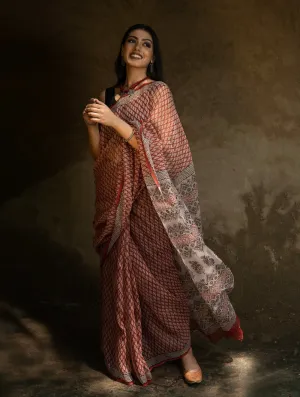 Classic Appeal. Bagru Hand Block Printed Kota Doria Saree - Red Ornate