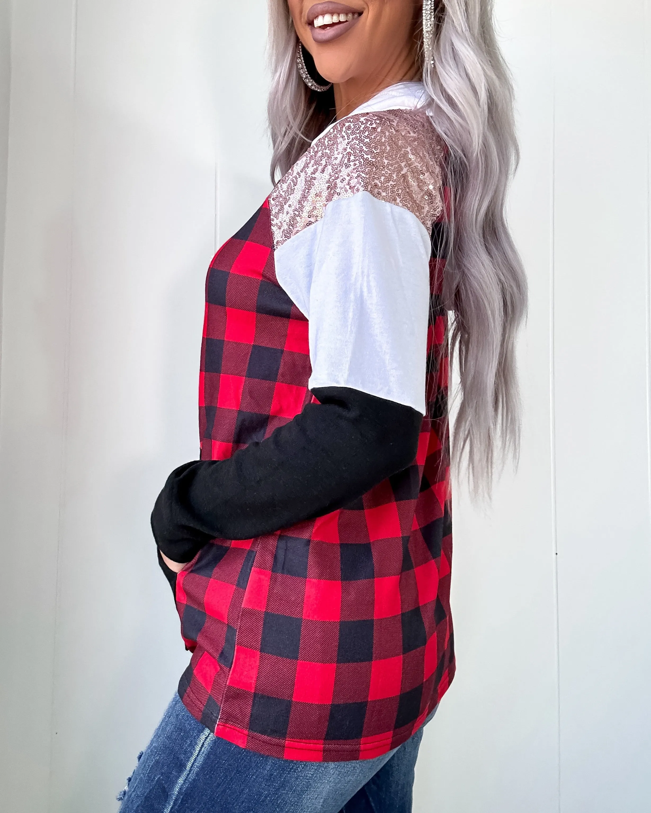 DOORBUSTER Red Plaid Sequin Hoodie