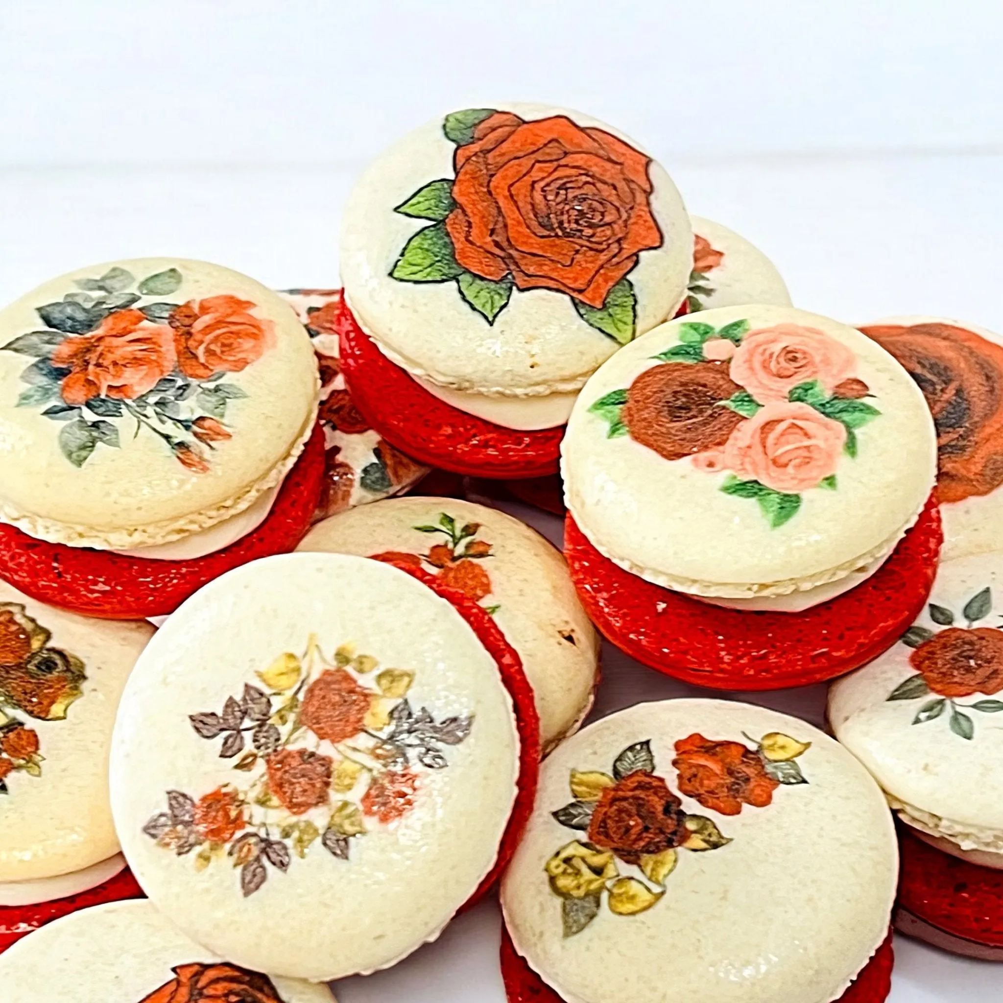 Elegant Red Rose French Macarons in Packs of 6, 12, or 24