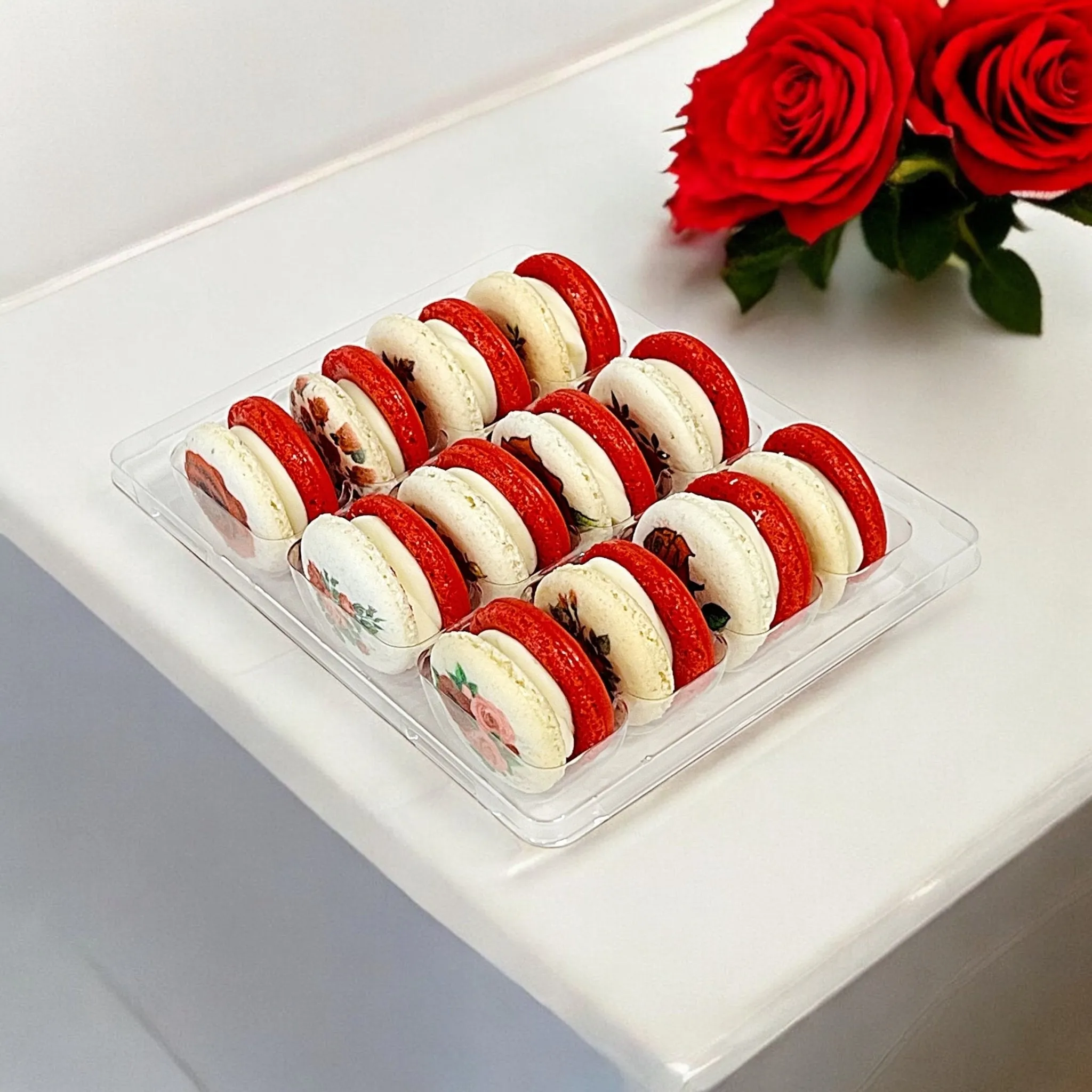 Elegant Red Rose French Macarons in Packs of 6, 12, or 24