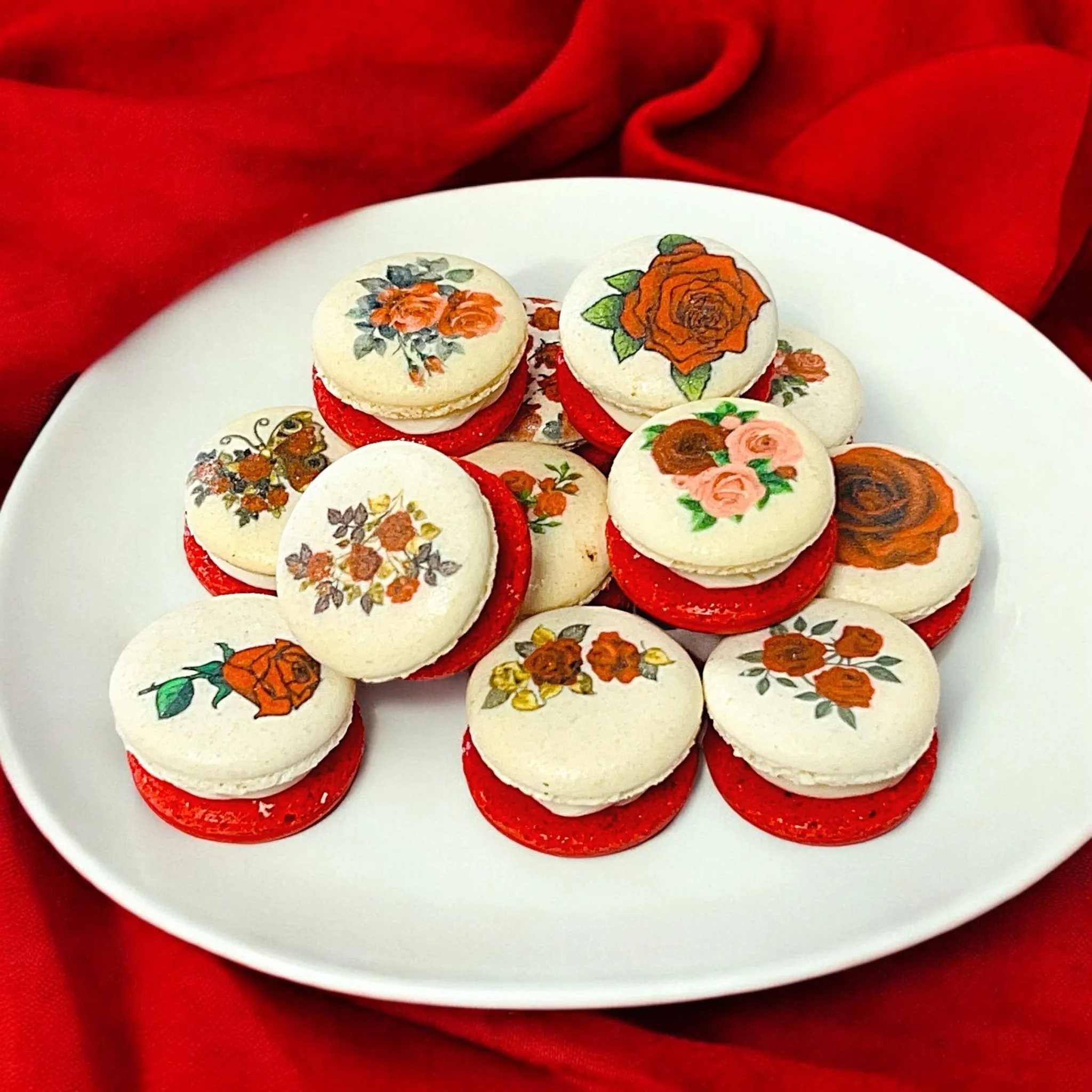 Elegant Red Rose French Macarons in Packs of 6, 12, or 24