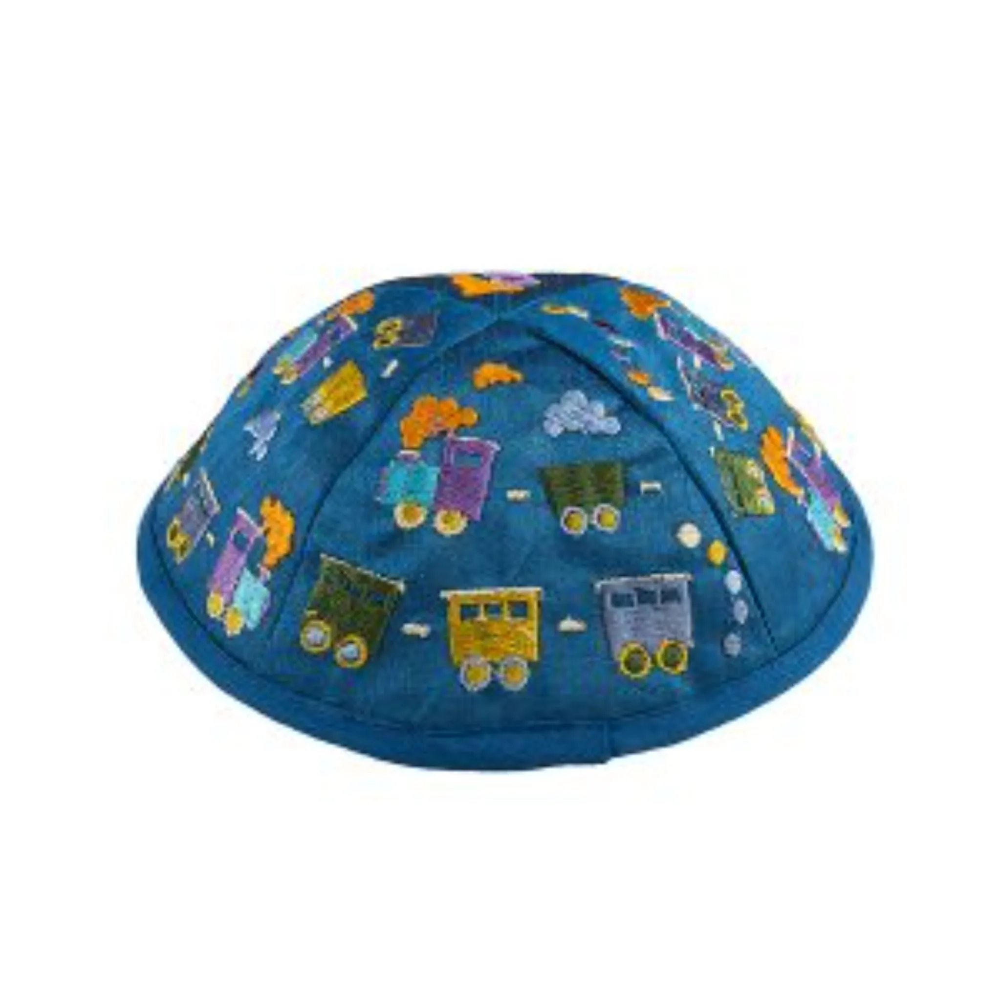 Embroidered Children's Train Kippah in Blue by Yair Emanuel