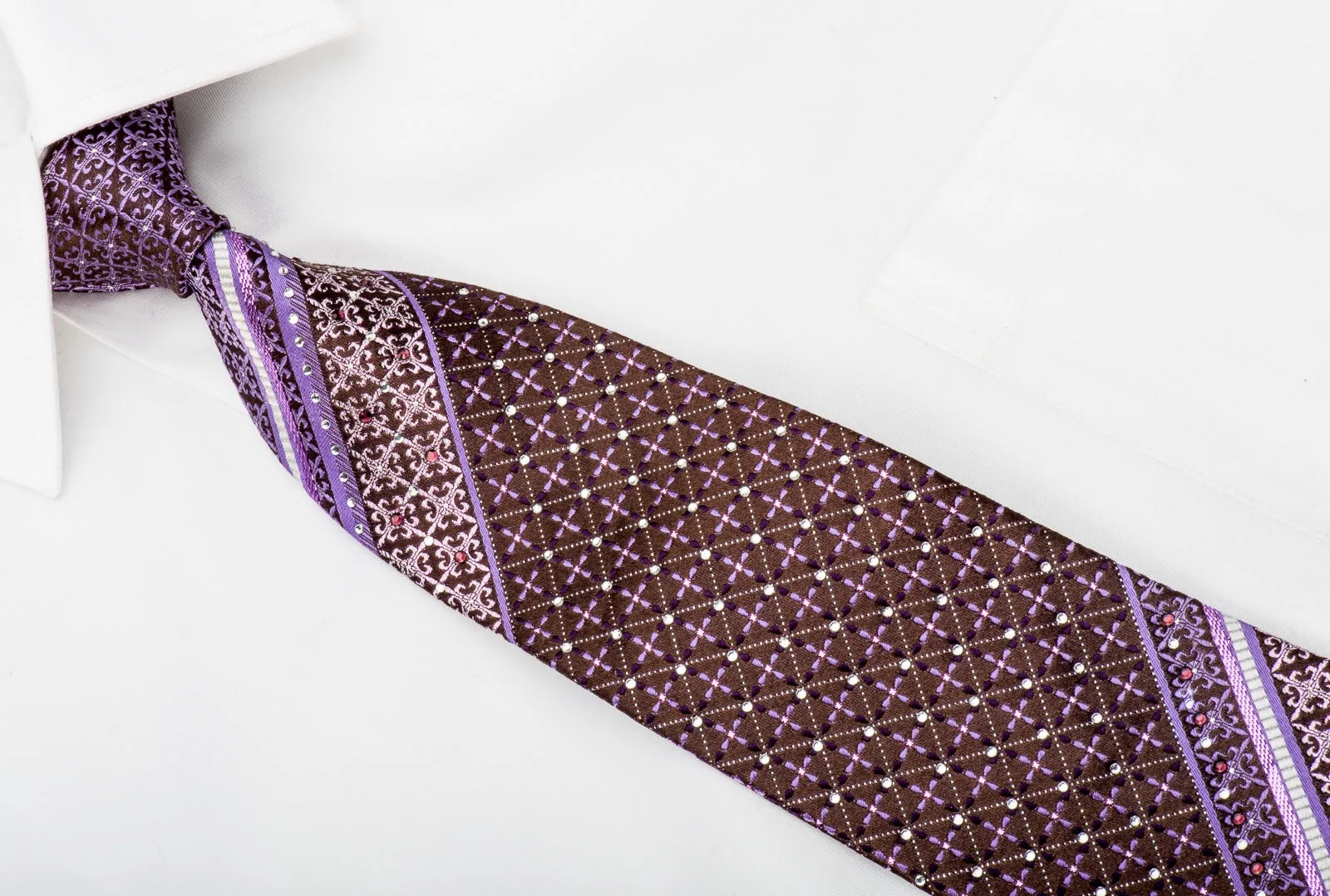 GGio Rhinestone Silk Necktie Cartouche Flur de Lis On Purple With Sparkles