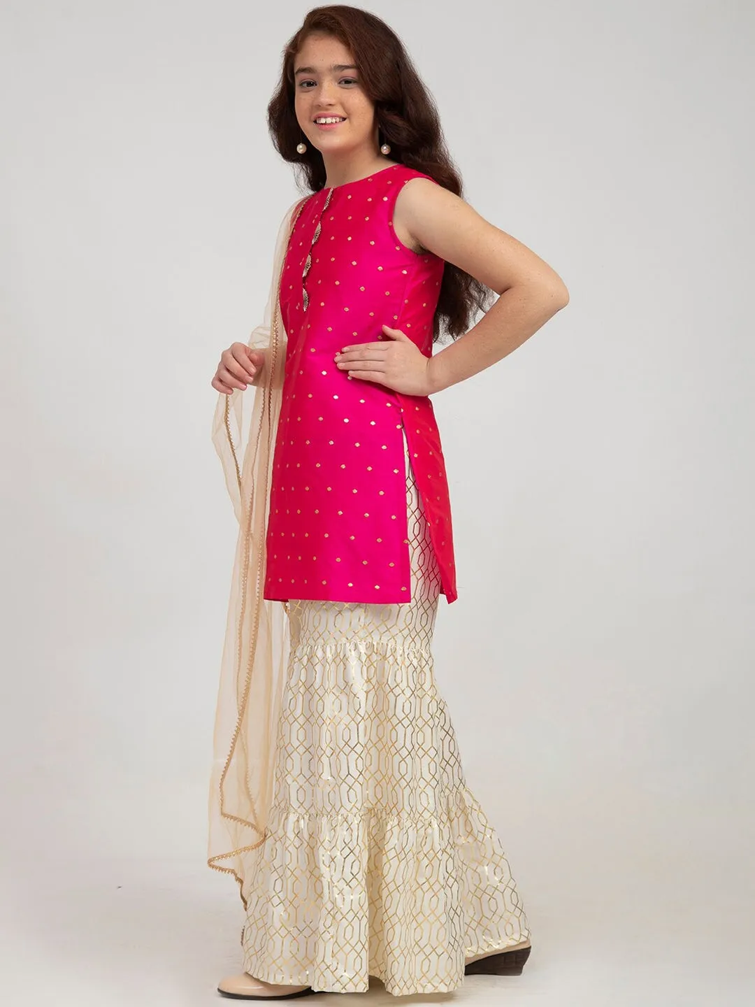 Girls Pink Ethnic Motifs Embroidered Panelled Kurti With Sharara & With Dupatta