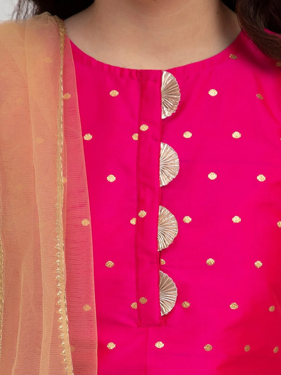 Girls Pink Ethnic Motifs Embroidered Panelled Kurti With Sharara & With Dupatta