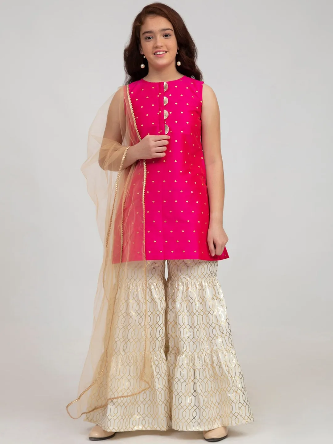 Girls Pink Ethnic Motifs Embroidered Panelled Kurti With Sharara & With Dupatta