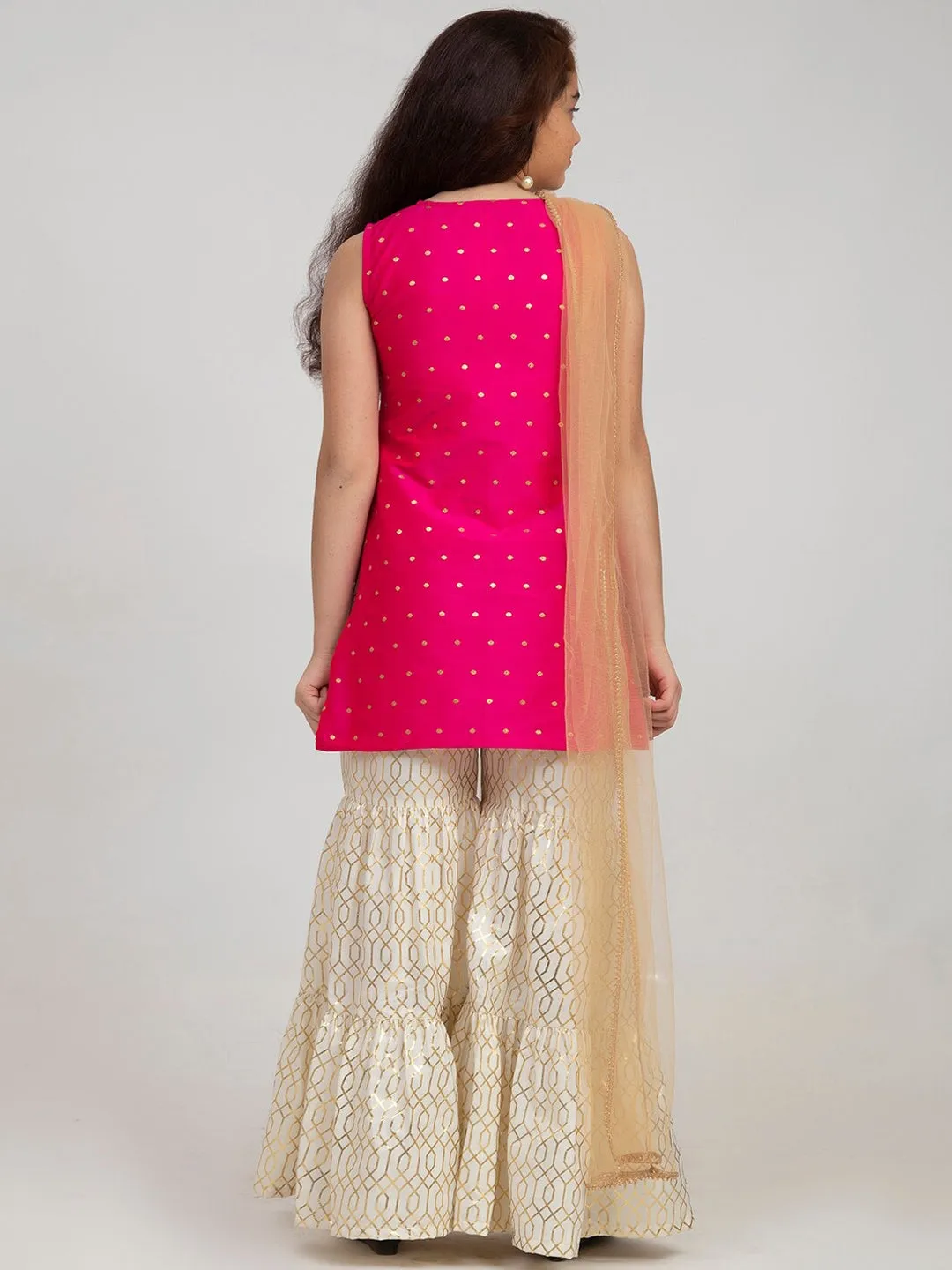 Girls Pink Ethnic Motifs Embroidered Panelled Kurti With Sharara & With Dupatta