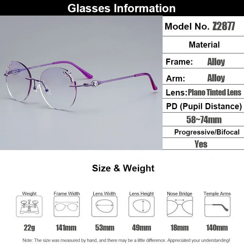 Gmei Women's Eyeglasses Alloy Rimless Round Diamond Trimming Cut Purple Z2877