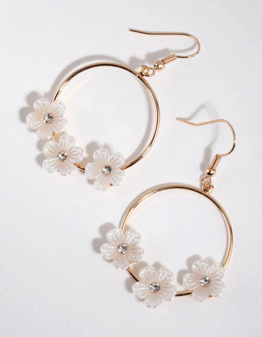 Gold Flower Embellished Hoop Drop Earrings