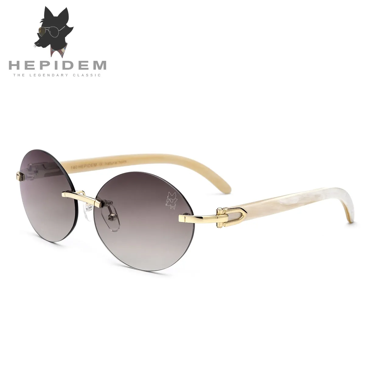 Hepidem Men's Rimless Round Titanium Horn Sunglasses