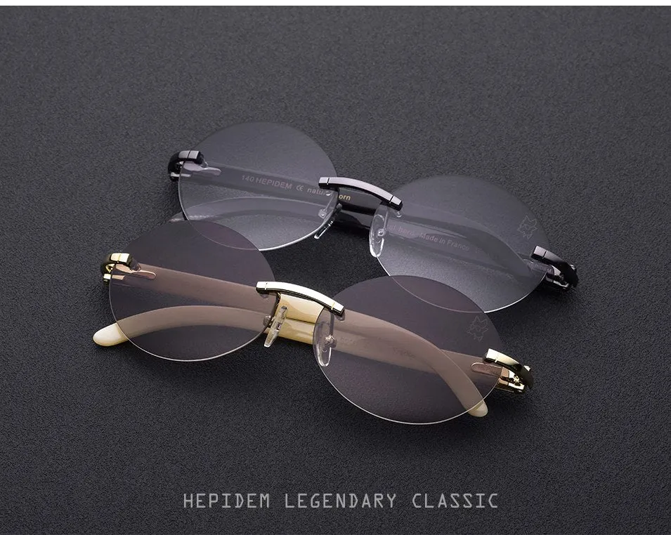 Hepidem Men's Rimless Round Titanium Horn Sunglasses