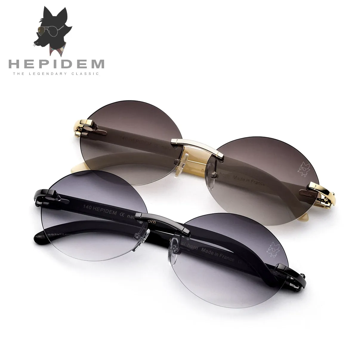 Hepidem Men's Rimless Round Titanium Horn Sunglasses